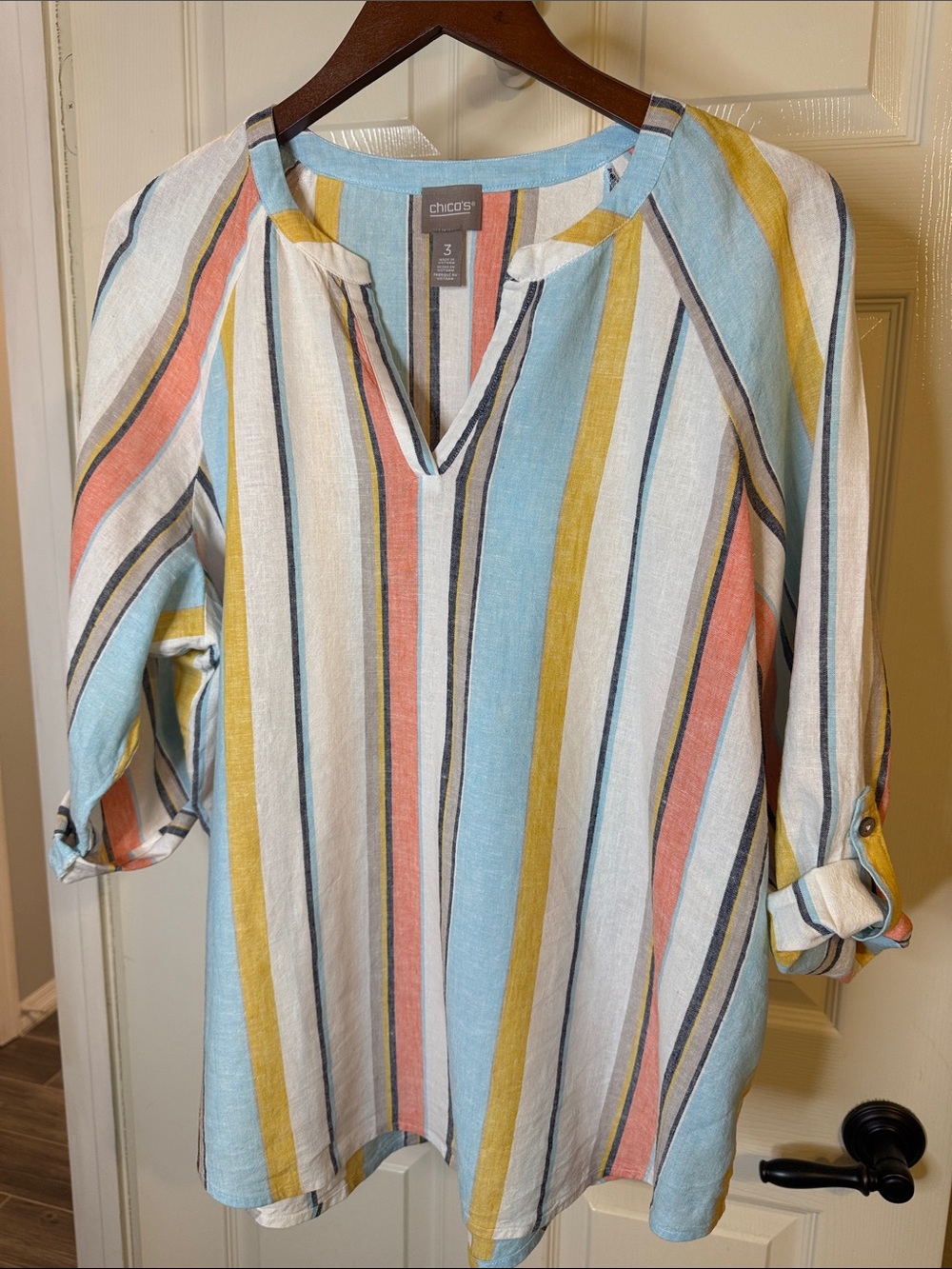 Chico's Multicolor Vertical Stripe V-Neck LineTunic - Blue, Yellow, Coral, Cream